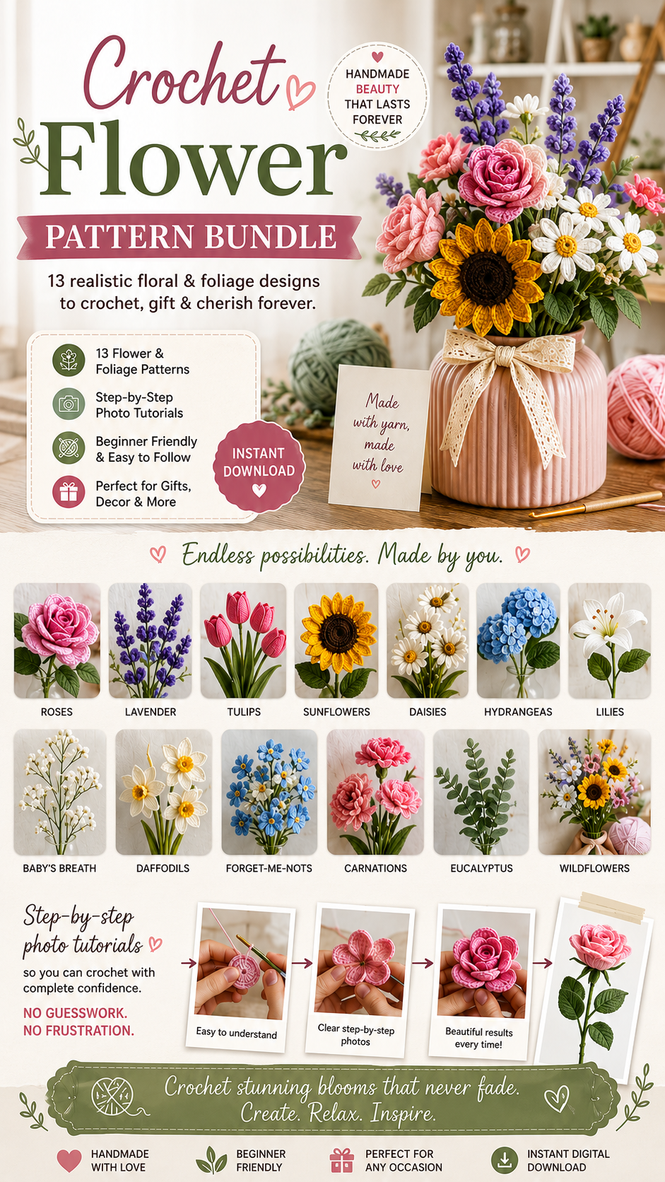 13 Crochet Flower Patterns Bundle | Realistic Roses, Sunflowers, Tulips & More | Beginner-Friendly PDF Download