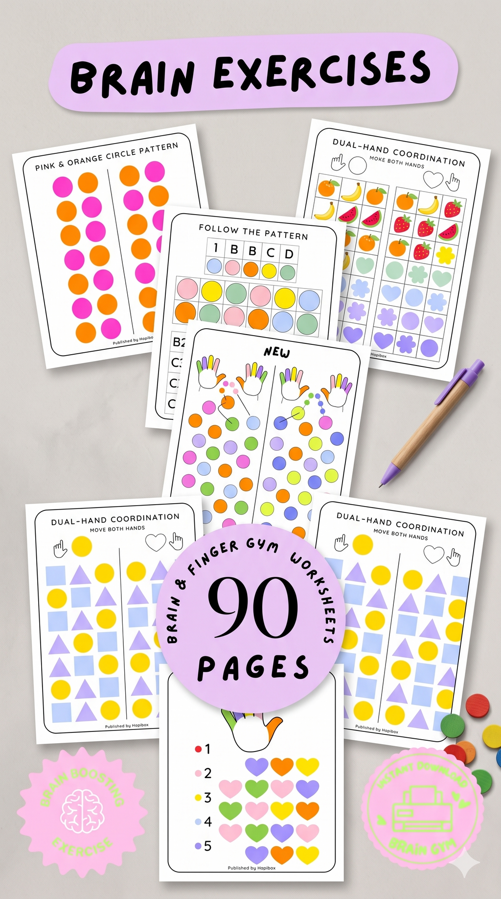 90 Brain Finger Gym Worksheets | Fine Motor Skills Activities for Kids | Occupational Therapy Printable PDF