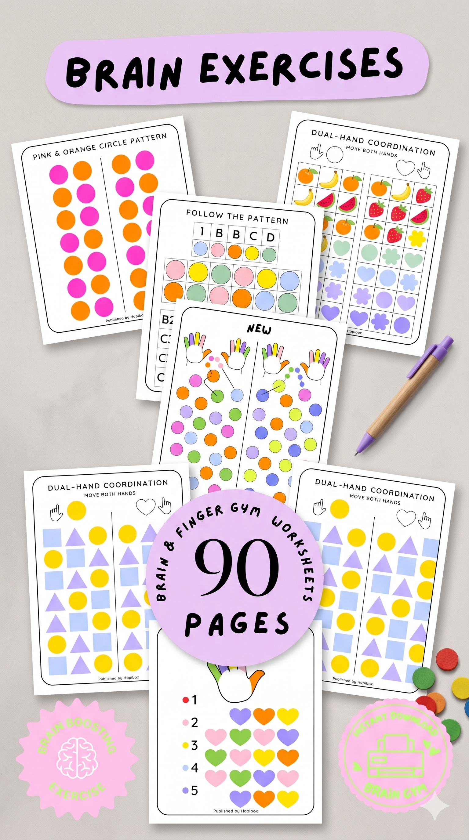90 Brain Finger Gym Worksheets | Fine Motor Skills Activities for Kids | Occupational Therapy Printable PDF